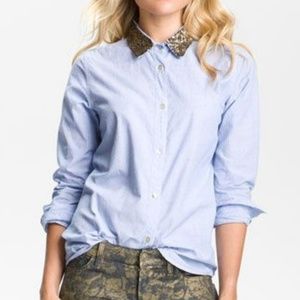 Chambray Gold Sequin Collar Button Down Shirt
